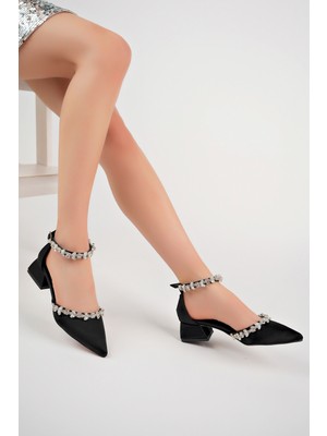 Bulutmod BA04490 Siyah S Kadın Ön Bilek Taşlı Abiye Kısa Klasik Topuklu Ayakkabı - Siyah Saten - 41