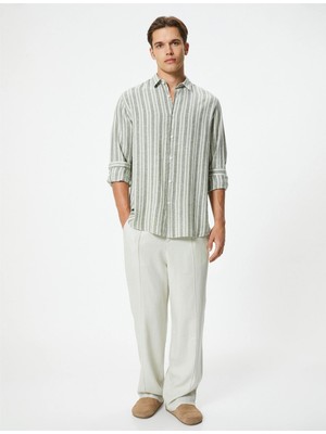 Koton 4SAM60053HW 8s5 Hakı Cızgılı Erkek Vıskoz Dokuma Uzun Kollu Gomlek