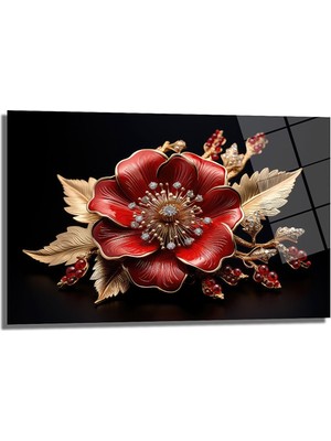 Glazella Kırmızı Altın Çi̇çek Dekorati̇f Yatay Cam Tablo, Ev Dekorasyon, Ofi̇s Dekorasyon