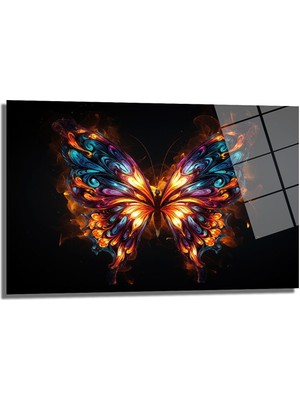 Glazella Alevli̇ Kelebek Dekorati̇f Yatay Cam Tablo, Ev Dekorasyonu, Ofi̇s Dekorasyonu