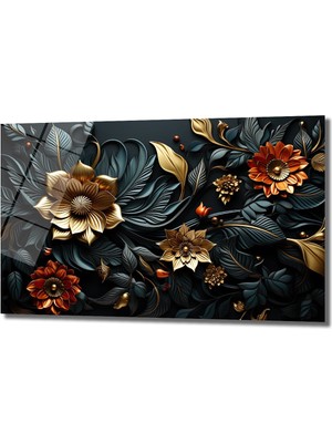 Glazella Altın Zümrüt Lüks Çi̇çek Dekorati̇f Yatay Cam Tablo, Ev Dekorasyon