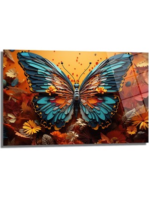 Glazella Kelebek Çi̇çek Dekorati̇f Yatay Cam Tablo, Ev Dekorasyon
