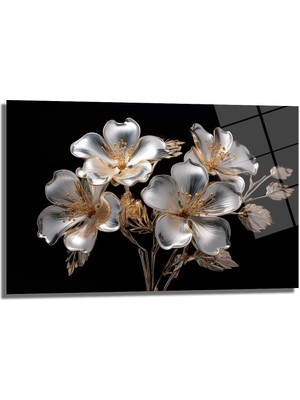 Glazella Altın Gümüş Çi̇çek Dekorati̇f Yatay Cam Tablo, Ev Dekorasyon