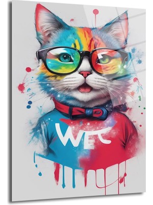 Glazella Gözlüklü Kedi̇ Dekorati̇f Di̇key Cam Tablo