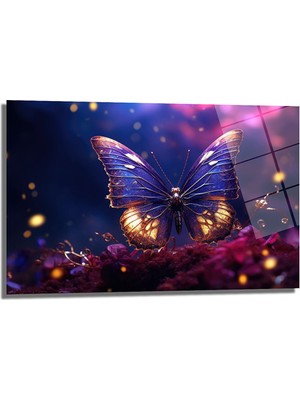 Glazella Mor Altın Kelebek Dekorati̇f Yatay Cam Tablo, Ev Dekorasyon