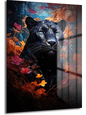 Glazella Si̇yah Jaguar Dekorati̇f Di̇key Cam Tablo, Ev Dekorasyon, Ofi̇s Dekorasyon