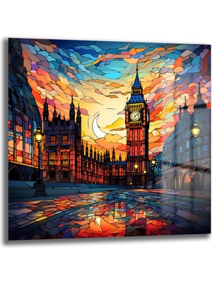 Glazella Saat Kulesi Manzara  Kare Cam Tablo