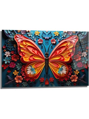 Glazella Renkli̇ Kelebek Dekorati̇f Yatay Cam Tablo, Ev Dekorasyon