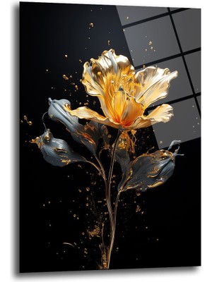 Glazella Altın Çi̇çek Boya Sıçraması Dekorati̇f Di̇key Cam Tablo, Ev Dekorasyon, Ofi̇s Dekorasyon