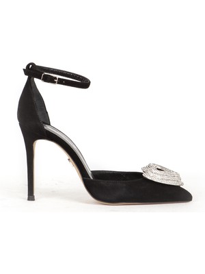Dericlub Kadın Taşlı Bilek Bağlama Sivri Burun Stiletto Süet Gerçek Deri Sy 27495 Siyah