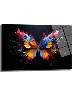 Glazella Kelebek Patlaması Dekorati̇f Yatay Cam Tablo, Ev Dekorasyonu, Ofi̇s Dekorasyonu