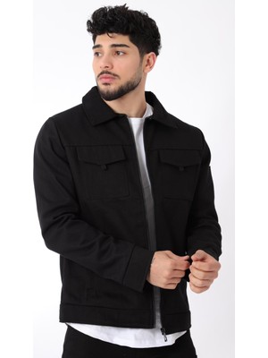 Stil Kombin Siyah Keten Mevsimlik Mont 2XL Erkek Göğüs Kapaklı Slim Fit Tarz