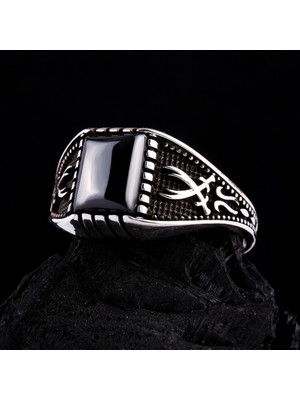 FK Gümüş 925 Ayar Gümüş Oniks Taşlı Zülfikar Kılıcı Işlemeli Erkek Yüzük
