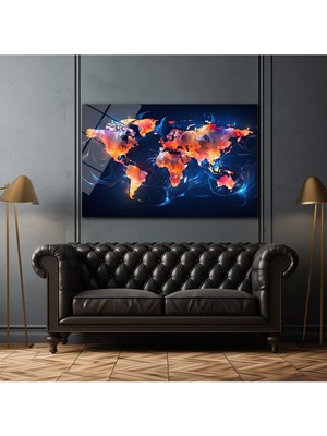 Glazella Dünya Hari̇tasi Soyut Yatay Cam Tablo Ofi̇s Dekorasyonu, Ev Dekor, Iş