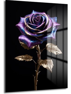 Glazella Altın Mor Gül Dekorati̇f Di̇key Cam Tablo, Ev Dekorasyon, Ofi̇s Dekorasyon