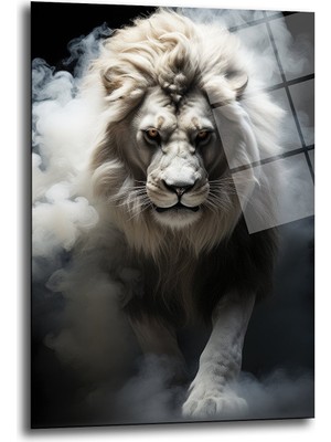 Glazella Beyaz Si̇s Beyaz Aslan Dekorati̇f Di̇key Cam Tablo, Ev Dekorasyon, Ofi̇s Dekorasyon