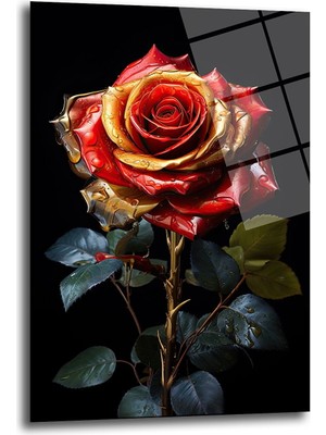 Glazella Altın Kırmızı Çi̇çek Dekorati̇f Di̇key Cam Tablo, Ev Dekorasyon, Ofi̇s Dekorasyon