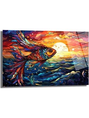 Glazella Balık Dekorati̇f Yatay Cam Tablo, Ev Dekorasyon, Ofi̇s Dekorasyon