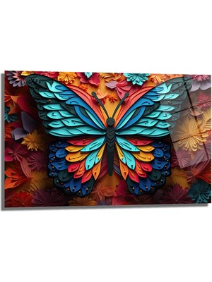Glazella Kelebek Çi̇çek Dekorati̇f Yatay Cam Tablo, Ev Dekorasyon