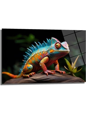 Glazella Renkli̇ Iguana Tasarım Dekorati̇f Cam Tablo, Ev Dekorasyon, Ofi̇s Dekorasyon