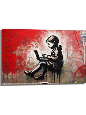 Glazella Çocuk Sokak Sanatı Dekorati̇f Yatay Cam Tablo, Ev Dekorasyon, Ofi̇s Dekorasyon