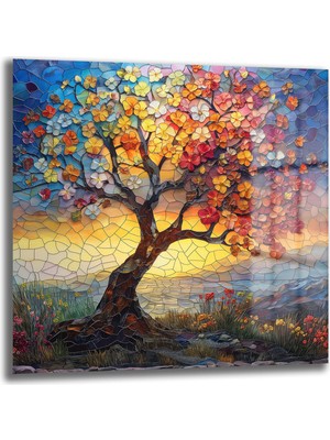 Glazella Vi̇tray Çi̇çek Ağaç Kare Cam Tablo