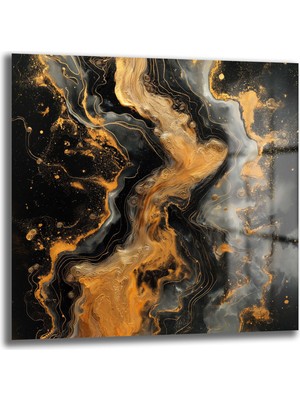 Glazella Gold Si̇yah Mermer Görünüm Kare Cam Tablo