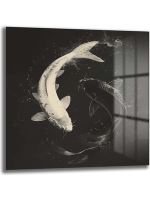 Glazella Yi̇n Yang Si̇yah Beyaz Balıklar Kare Cam Tablo