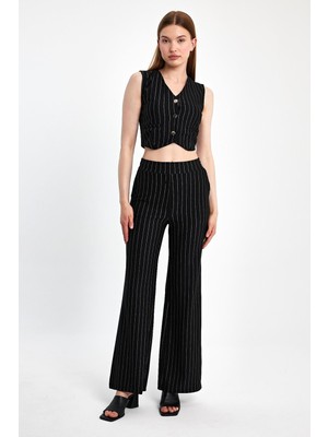 Mistix İstanbul Kadın Yelekli Pantolon Takım Şık Siyah Çizgili Tasarım