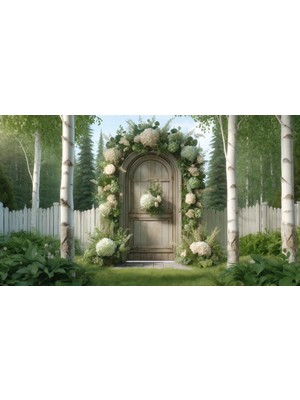 Venspor Bahçe Kapısı Çiçek Aranjmanı ile Dekore Edilmiş Etkinlik ve Düğün Fon Perdesi - Rustik ve Doğal Tasarım, Beyaz ve Yeşil Çiçekler, 200X150CM Arkaplan, Duvar Örtüsü