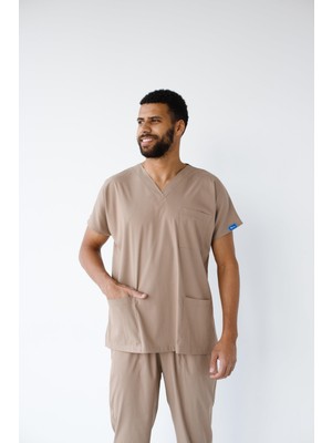 Dr. Mitra Erkek Likralı Yarasa Kol Hemşire Doktor Takım Bej