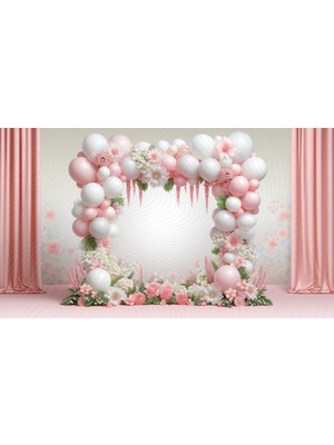 Venspor Pembe ve Beyaz Balonlu Çiçek Aranjmanı Temalı Dekoratif Duvar Örtüsü, 200X150CM, Fon, Arkaplan