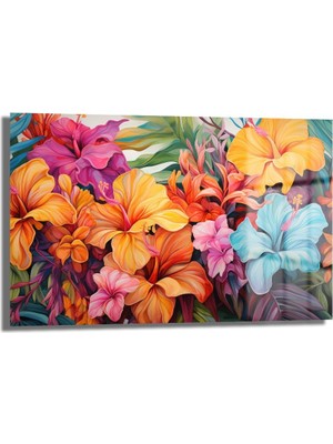 Glazella Renkli̇ Çi̇çekler Dekorati̇f Yatay Cam Tablo