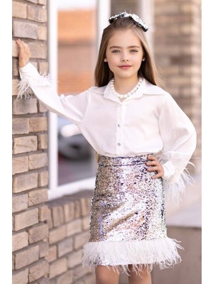 Riccotarz Kız Çocuk Kol Uçları ve Etek Uçu Kırçıllı Pulpaytet Detaylı Gümüş Etekli Takım
