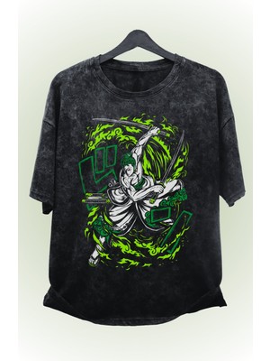 Fuddy Moda Oversize Zoro One Piece V4 Baskılı Yıkamalı T-Shirt, Unisex Anime Baskılı Retro Tişört