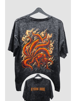 Fuddy Moda Oversize Naruto Kurama Ex2 Sırt Baskılı Yıkamalı T-Shirt, Unisex Anime Baskılı Vintage Tişört