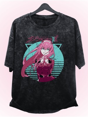 Oversize Zero Two V3 Baskılı Yıkamalı T-Shirt, Unisex Anime Baskılı Eskitme Tişört