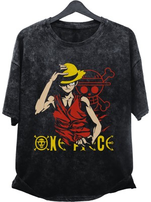 Fuddy Moda Oversize One Piece Luffy Ex2 Baskılı Yıkamalı T-Shirt,  Anime Baskılı Eskitme Tişört