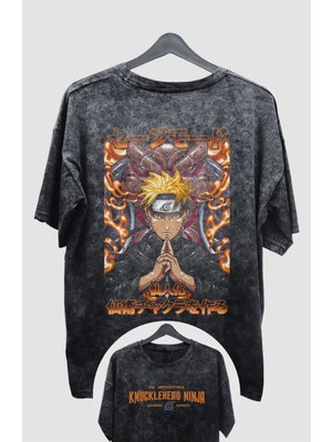 Fuddy Moda Oversize Uzumaki Naruto V2 Sırt Baskılı Yıkamalı T-Shirt, Unisex Anime Baskılı Retro Tişört