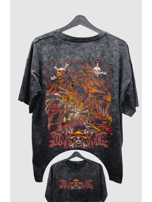 Fuddy Moda Oversize One Piece Roger Vs White Beard Sırt Baskılı Yıkamalı T-Shirt, Unisex Anime Eskitme Tişört