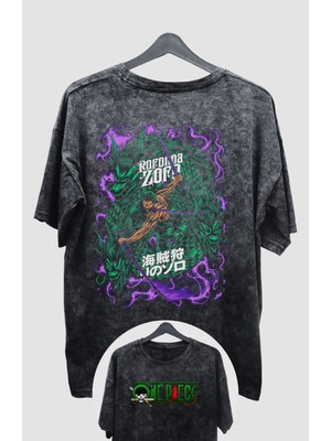Fuddy Moda Oversize One Piece Zoro Ex2  Sırt Baskılı Yıkamalı T-Shirt, Unisex Anime Baskılı Vintage Tişört