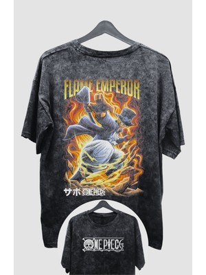 Fuddy Moda Oversize One Piece Sabo V2 Sırt Baskılı Yıkamalı T-Shirt, Unisex Anime Baskılı Retro Tişört