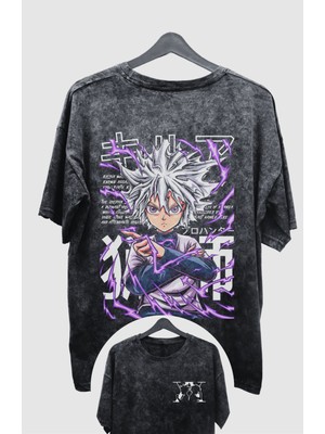 Fuddy Moda Oversize Hxh Killua Sırt Baskılı Yıkamalı T-Shirt, Unisex Anime Baskılı Eskitme Tişört