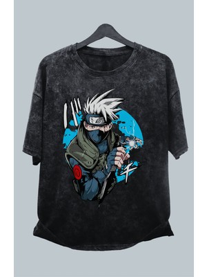 Oversize Naruto Kakashi Baskılı Yıkamalı T-Shirt, Unisex Anime Baskılı Retro Tişört