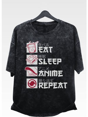 Fuddy Moda Oversize Eat Sleep Anime Repeat Baskılı Yıkamalı T-Shirt, Unisex Anime Baskılı Retro Tişört