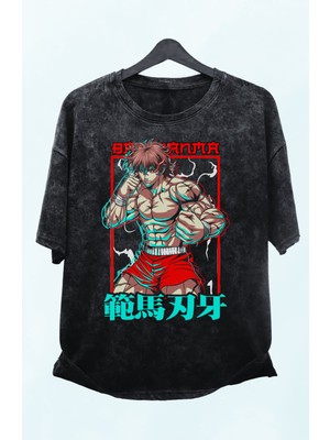 Fuddy Moda Oversize Baki Hanma Baskılı Yıkamalı T-Shirt, Unisex Anime Baskılı Retro Tişört