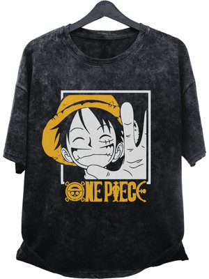 Fuddy Moda Oversize One Piece Luffy Manga Baskılı Yıkamalı T-Shirt, Unisex Anime Baskılı Retro Tişört
