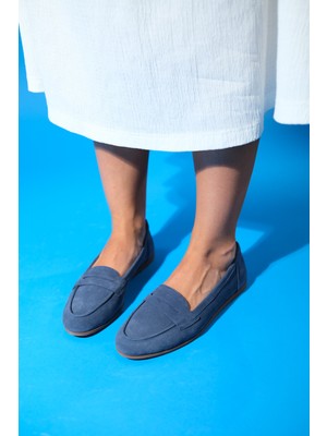 Luvi Kadın Loafer Ayakkabı Hakiki Deri Kot Mavi Renk Termo Taban ile Konforlu Günlük Kullanım