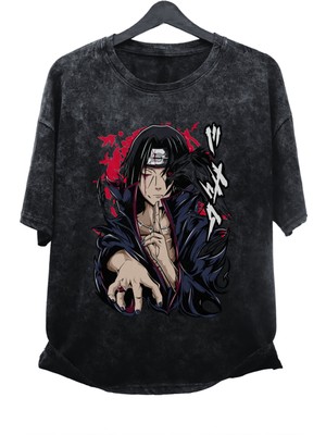 Oversize Akatsuki Uchiha Itachi Baskılı Yıkamalı T-Shirt, Unisex Anime Baskılı Retro Tişört