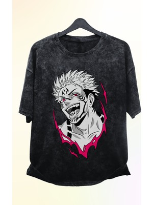 Fuddy Moda Oversize Jjk Sukuna Baskılı Yıkamalı T-Shirt, Unisex Anime Baskılı Vintage Tişört